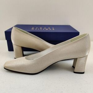 Stuart Weitzman Maeve Silver Metallic Satin Block Heel Pump